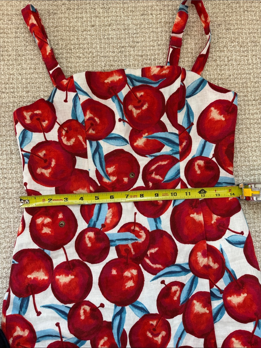 FARM Rio Linen Red Cherry Print Mini Dress with Blue Leaves - worn once. Size S - Picture 6 of 9